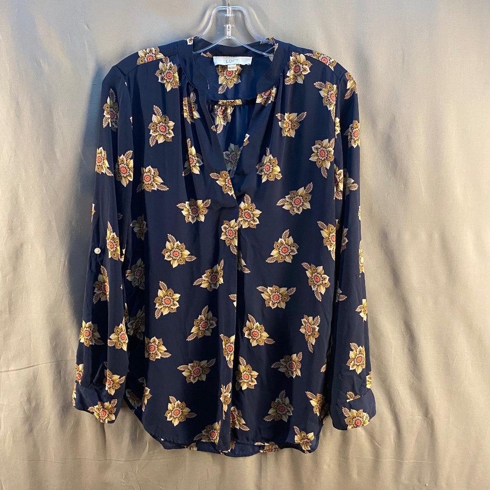 LOFT Long Sleeve V-neck Blouse, Dark Blue with Golden Yellow Flowers - Size XS